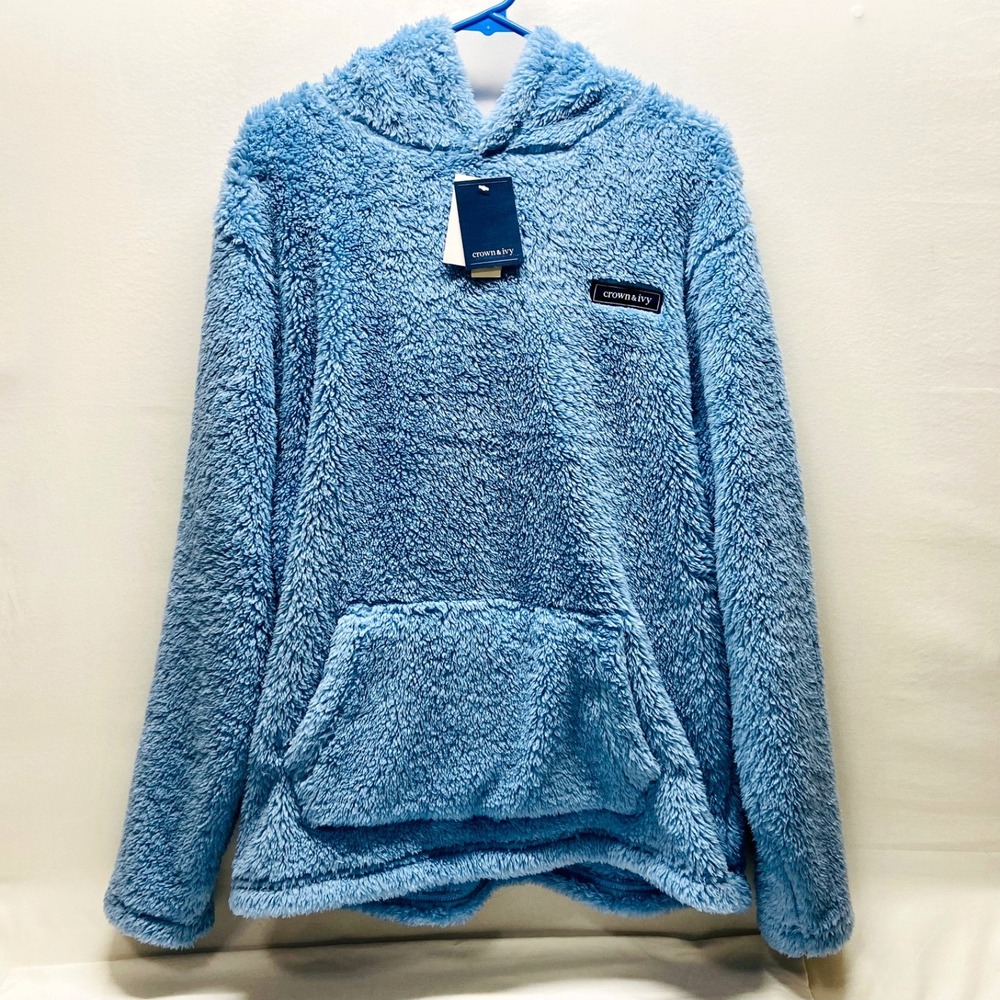 Crown & Ivy Sherpa Fleece Hoodie Women's Medium Baby Blue Hooded Pullover NWT